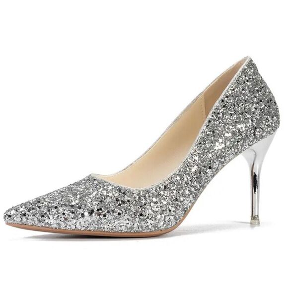 NWT Gorgeous Silver Glittering 8.5 Sequins Pumps Pointed Toe Stiletto Heels Shoe - Picture 1 of 6